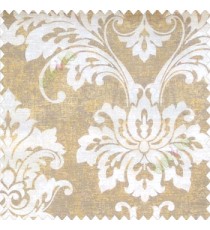 Yellow white brown color beautiful traditional damask floral swirl pattern velvet touch watercolor print traditional look poly fabric main curtain